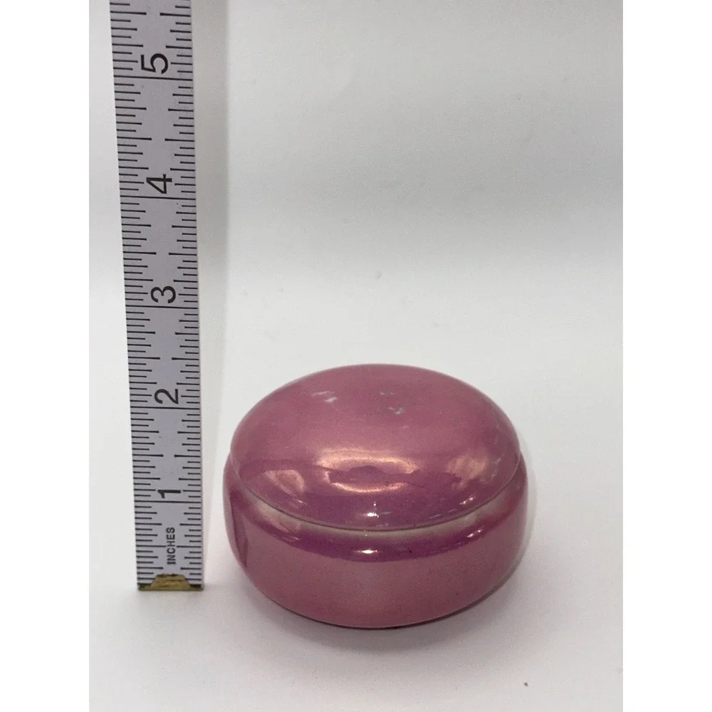 Vintage Czechoslovakia Pink Iridescent Luster Ceramic Trinket Box Round Lidded